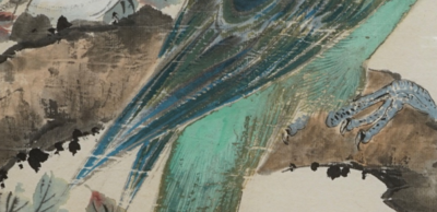 Yan Bolong (1898 -1954), Un perroquet sur une branche fleurie, aquarelle sur papier